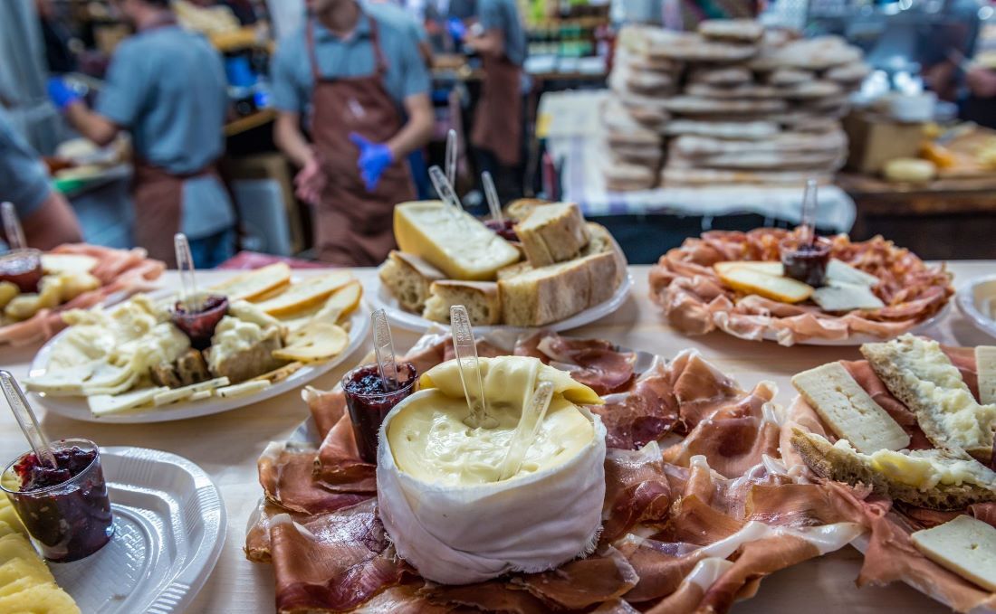 Lisbon market cheeses and hams