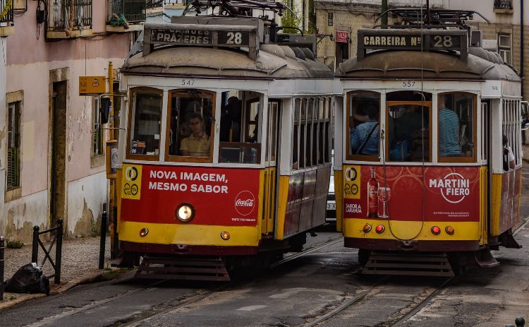 Trams in  the Alfama district of Lisbon, Portugal